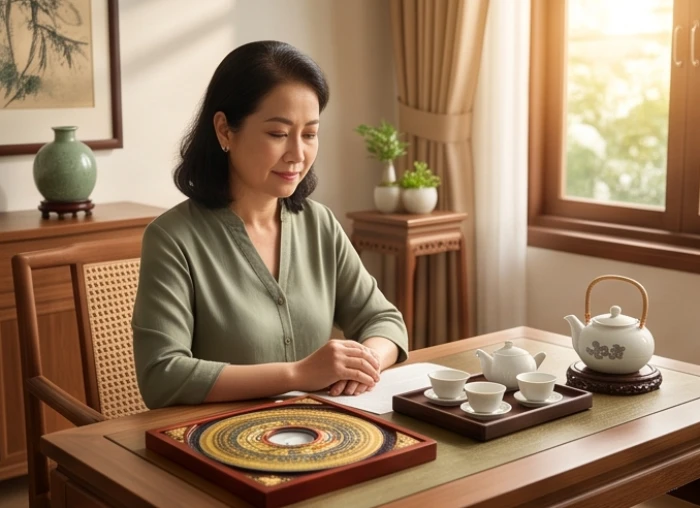 Phụ nữ trung niên tuổi Quý Sửu 1973 bình tâm nghiên cứu cẩm nang phong thủy và la bàn định hướng