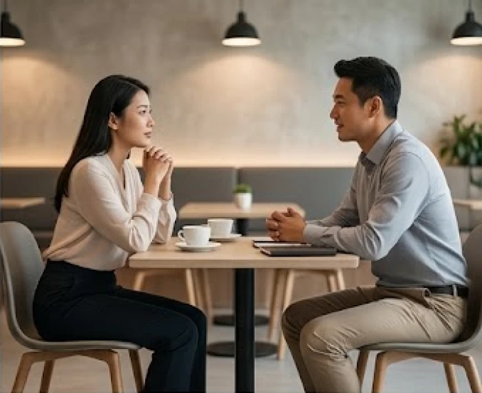 Cặp đôi bình tĩnh ngồi đối diện nhau để giải thích rõ ràng các hiểu lầm dựa trên sự thật logic