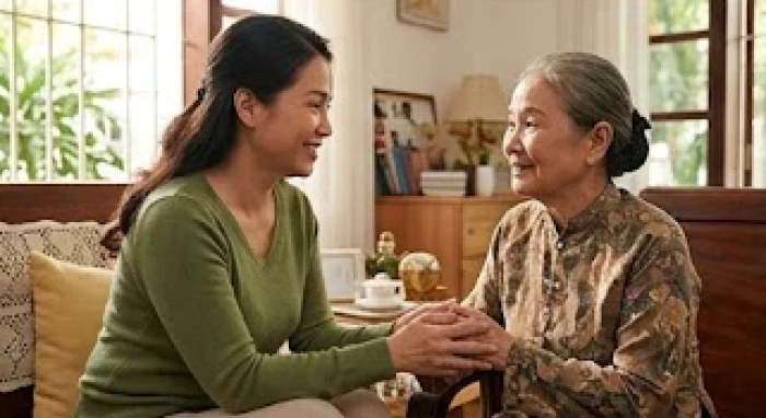 Người con gái ngồi ngang tầm mắt trò chuyện vui vẻ và nắm tay chia sẻ cùng người mẹ tuổi Canh Thìn