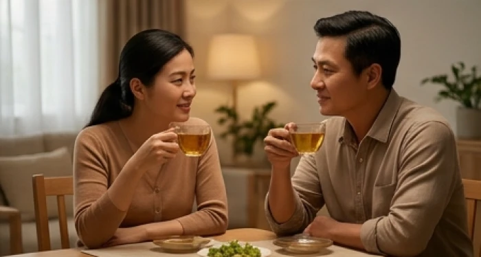 Vợ chồng tuổi Ất Sửu cùng ngồi thưởng trà thảo luận nhẹ nhàng sau giờ tranh cãi căng thẳng