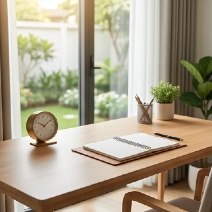 Bàn làm việc gỗ được xoay theo hướng tây bắc trong phòng làm việc hiện đại để hóa giải xung khắc ngũ hành