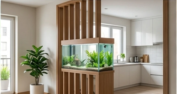 Vách ngăn bằng gỗ hoa văn rỗng đặt giữa bể cá kính và khu vực bếp ngăn luồng khí xung sát