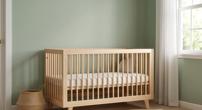 Phòng ngủ em bé sơn màu xanh pastel với nôi bằng gỗ tự nhiên giúp hóa giải xung khắc mệnh