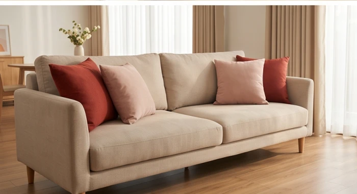 Bộ gối tựa sofa màu đỏ hồng trên ghế sofa phòng khách hóa giải xung khắc Mộc khắc Thổ cho con Canh Tý