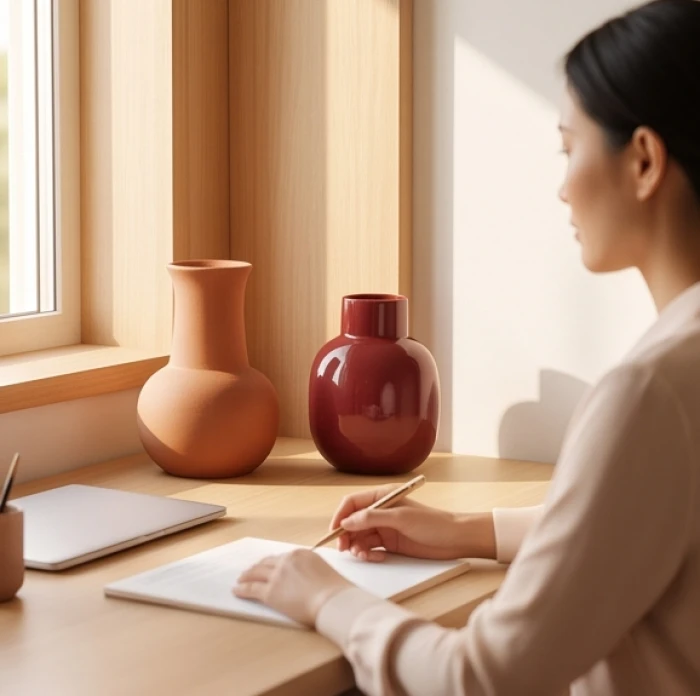 Góc bàn làm việc nữ mạng 1981 cung cấn thổ điểm xuyết bình hoa màu đỏ sẫm hành hỏa để điều hòa trường khí