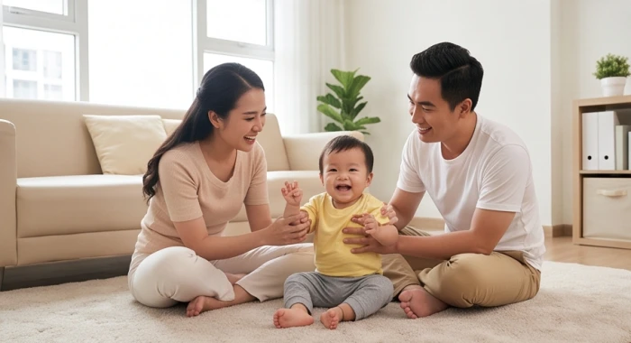 Cha mẹ tuổi Dần và Thân mỉm cười hạnh phúc chơi đùa cùng con nhỏ mang mệnh Thủy trong phòng khách