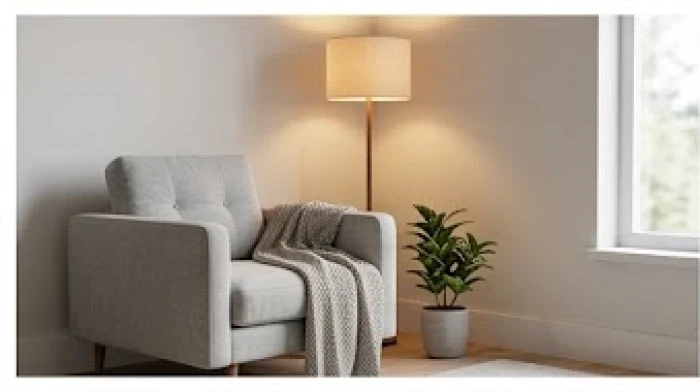Góc thư giãn trong phòng khách với chiếc ghế bành êm ái và ánh sáng vàng dịu nhẹ