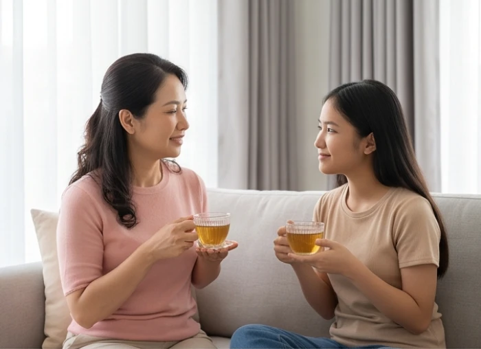 Cha mẹ trò chuyện nhẹ nhàng cùng con gái bên bàn trà ấm cúng thể hiện sự thấu hiểu và hòa giải bất đồng ngũ hành