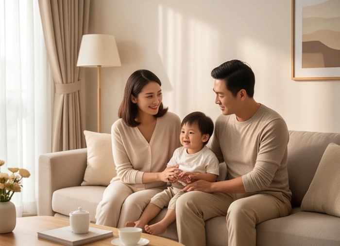 Gia đình hạnh phúc quây quần trong không gian phòng khách trung hòa màu sắc hóa giải xung khắc tuổi Đinh Hợi 2007