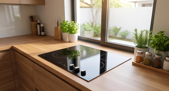 Gian bếp hiện đại với khu vực nấu nướng bố trí chuẩn hướng cát hỗ trợ hóa giải xung khắc mệnh trạch vợ chồng