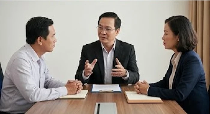 Ba người đối tác cùng theo dõi bảng báo cáo tài chính minh bạch dưới sự điều phối của người trung gian