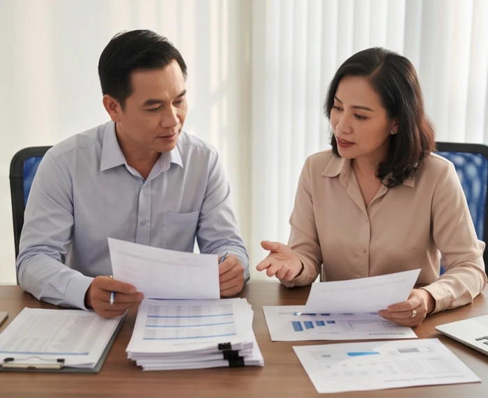 Hai đối tác kinh doanh ngồi đối diện nhau phân chia rõ ràng các khoản ngân sách trên bàn làm việc