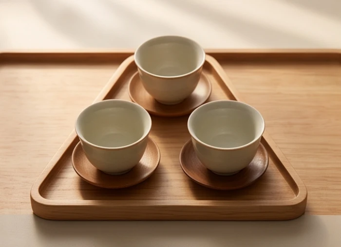 Ba tách trà được sắp xếp thành hình tam giác cân trên khay gỗ, tượng trưng cho thế kiềng ba chân vững chắc trong kinh doanh