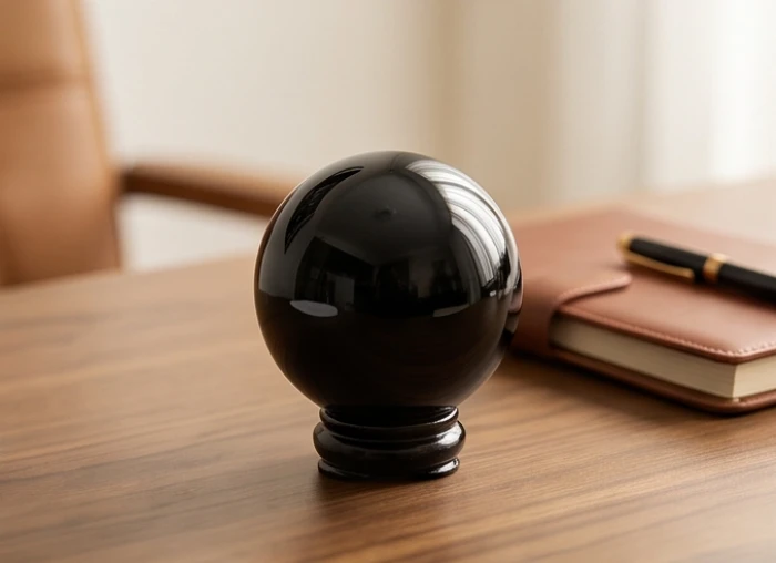 Quả cầu phong thủy đá obsidian đen đặt trên bàn làm việc giúp cân bằng năng lượng