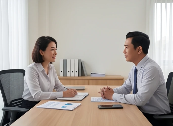 Cuộc trò chuyện trao đổi hợp đồng kinh doanh thẳng thắn và minh bạch tại không gian làm việc chuyên nghiệp