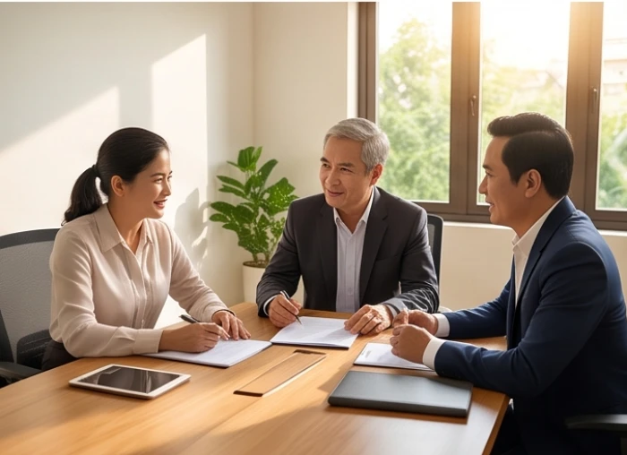 Cuộc họp thảo luận hợp đồng có sự tham gia của người trung gian tuổi Tỵ điều hòa ý kiến