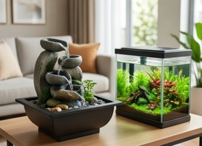 Bể cá thủy sinh mini cùng phong thủy luân đặt trong phòng khách hướng Bắc giúp hóa giải xung khắc Mão Dậu
