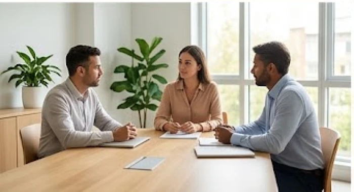 Nhóm ba đồng nghiệp thảo luận công việc hòa nhộn trong phòng họp đầy đủ ánh sáng tự nhiên