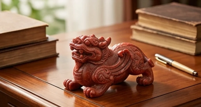 Tượng tỳ hưu đá đỏ đặt cẩn thận trên bàn làm việc giúp cân bằng ngũ hành và xua tan luồng sát khí