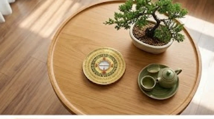 Không gian phòng khách được bố trí la bàn phong thủy cùng cây xanh nhằm dung hòa luồng khí đối kháng