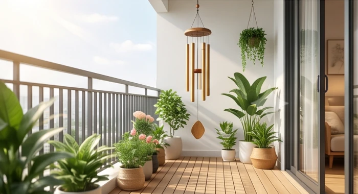 Ban công nhà hướng Đông Nam được bố trí cây xanh lành mạnh cùng chuông gió đồng hóa giải sát khí