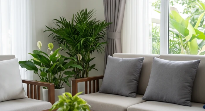 Phòng khách gia đình bổ sung cây xanh và gối sofa màu xám trắng để cân bằng năng lượng giảm xung khắc
