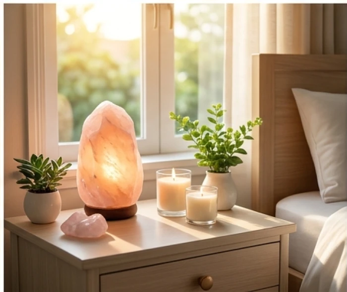 Đặt đèn ngủ thạch anh hồng và nến thơm trong phòng ngủ giúp cân bằng năng lượng và hóa giải xung khắc gia đạo