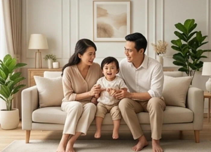 Gia đình tuổi Dần quây quần hạnh phúc bên con cái thuộc tuổi hòa giải xung khắc trong không gian phòng khách ấm áp