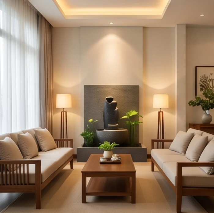 Bố trí phòng khách với tiểu cảnh hồ nước và ánh sáng ấm áp minh họa cách hóa giải xung khắc tuổi dậu và mão