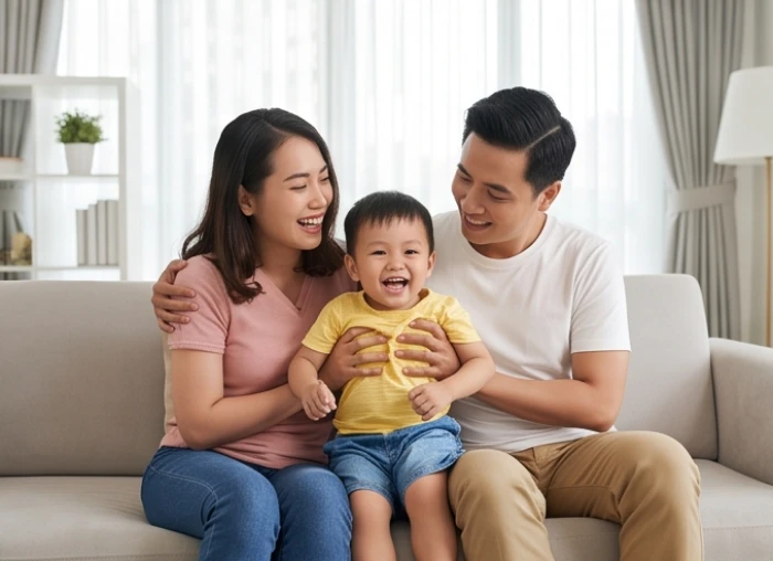 Gia đình hạnh phúc cùng con nhỏ quây quần bên nhau tạo thế tương sinh ngũ hành hóa giải xung khắc can chi