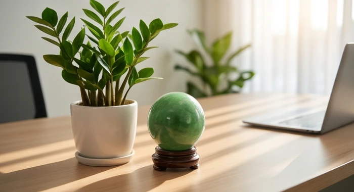Chậu cây Kim Tiền và quả cầu ngọc bích xanh lá bố trí trên bàn làm việc nhằm hóa giải xung khắc tuổi Hợi