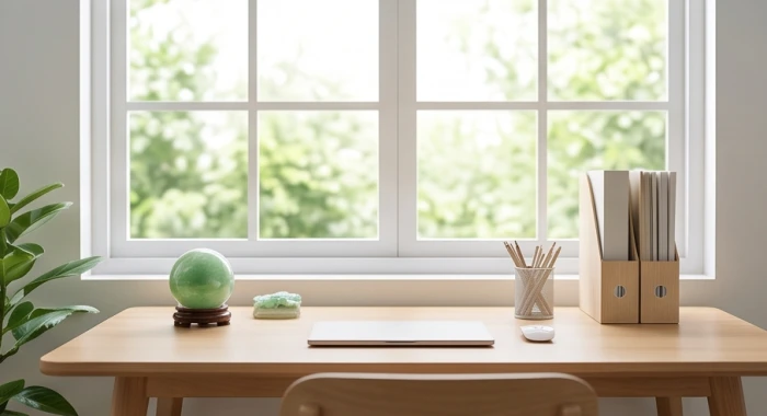 Bàn làm việc quay về hướng Đông Bắc đón Sinh Khí cùng vật phẩm phong thủy ngọc bích hóa giải bất đồng