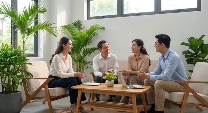 Buổi trò chuyện thân thiện giữa các đối tác kinh doanh trong không gian phòng khách điểm xuyết cây xanh phong thủy