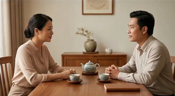 Khay trà gốm sứ tinh tế đặt giữa hai người đang thảo luận điềm tĩnh giúp tạo dựng bầu không khí hòa nhã và thấu hiểu