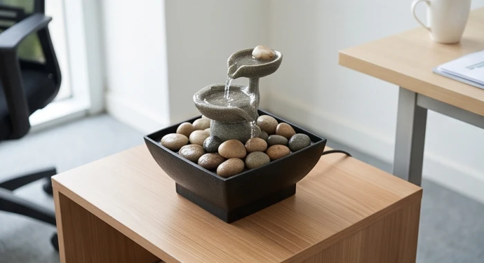 Bể cá phong thủy nhỏ đặt ở hướng Bắc trong không gian làm việc giúp điều hòa năng lượng hành Kim và Mộc