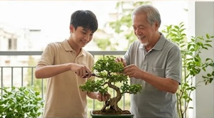Ông nội và người cháu trai vui vẻ cùng nhau chăm sóc chậu cây cảnh nhỏ ngoài ban công đầy nắng