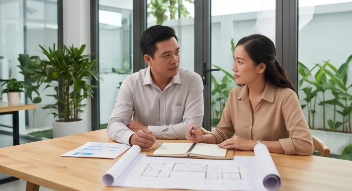 Cuộc thảo luận trao đổi cặn kẽ giữa hai đối tác trên bàn làm việc nhằm tháo gỡ bất đồng trong quan điểm kinh doanh