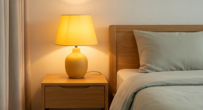 Đèn ngủ để bàn tỏa ánh sáng vàng dịu bên giường ngủ bằng gỗ giúp làm dịu không khí căng thẳng trong phòng