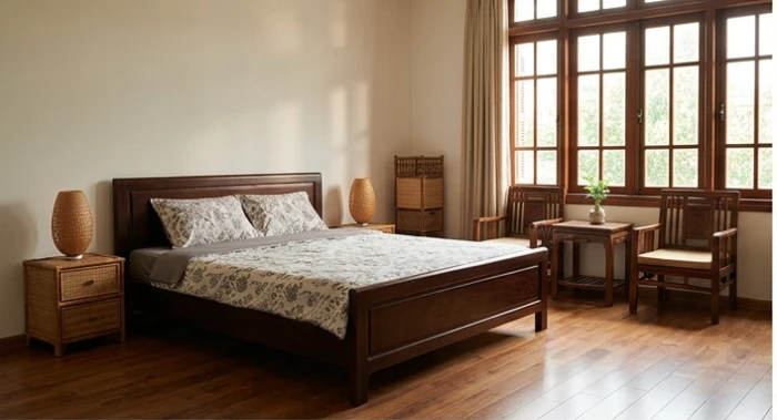 Không gian phòng ngủ êm đềm với đầu giường gỗ hướng về cung tốt Phục Vị giúp hóa giải xung khắc