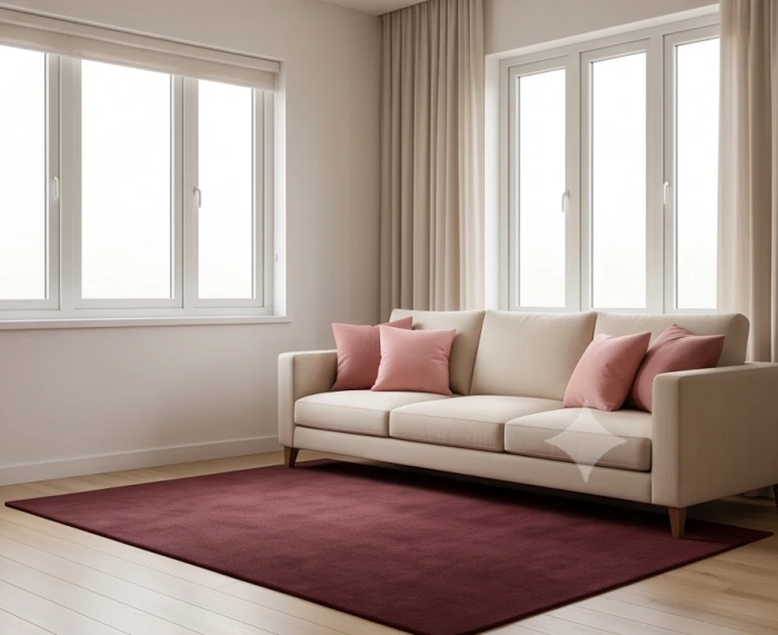 Phòng khách hiện đại bố trí gối sofa hồng nhạt và thảm đỏ đô giúp điều hòa xung khắc phong thủy tuổi Kỷ Mão