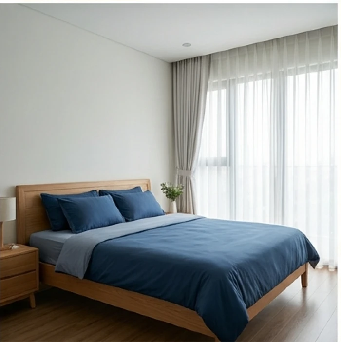 Phòng ngủ yên tĩnh với ga trải giường tông xanh lam giúp cân bằng ngũ hành cho vợ chồng kỵ tuổi