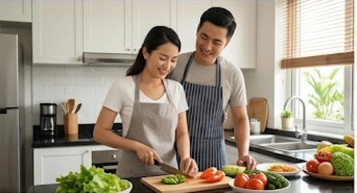 Hai vợ chồng cùng nhau chuẩn bị bữa tối ấm cúng trong không gian bếp hiện đại ngập tràn ánh sáng
