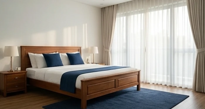 Phòng ngủ bố trí hướng giường Sinh Khí cùng thảm sàn màu xanh nước biển giúp hóa giải xung khắc gia đạo