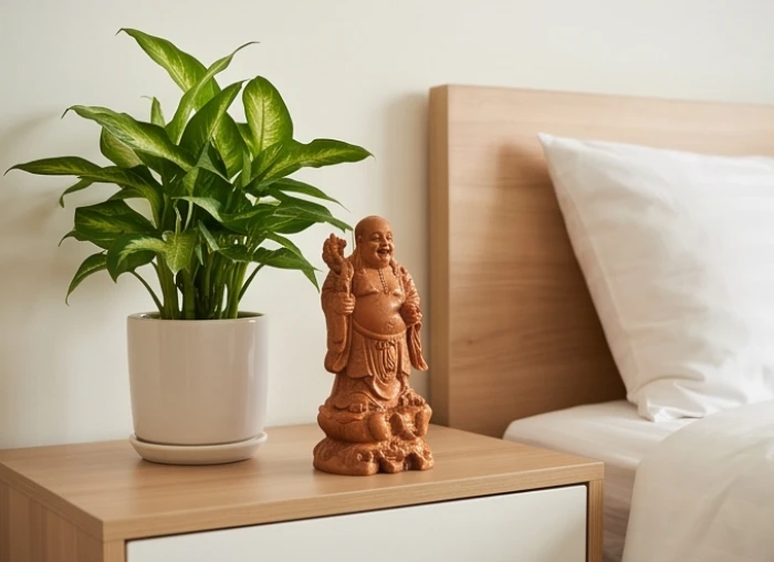 Cây vạn lộc và tượng phong thủy bằng gỗ trong phòng ngủ giúp hóa giải xung khắc vợ chồng tuổi Sửu