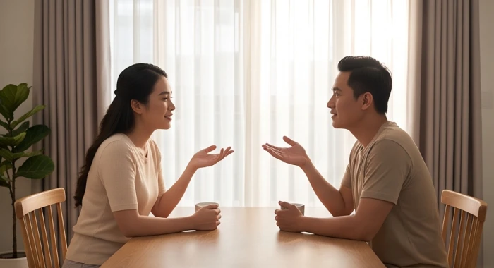 Hai vợ chồng ngồi đối diện bên bàn làm việc ôn hòa thảo luận để tháo gỡ bất đồng trong cuộc sống gia đình