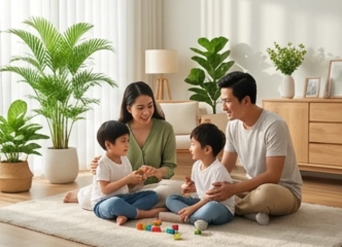 Gia đình nhỏ người Việt hạnh phúc cùng con chăm sóc cây xanh trong không gian phòng khách ấm áp