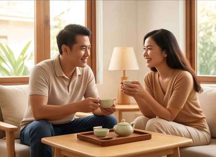 Hai vợ chồng đang mỉm cười cùng nhau thưởng thức trà chiều trong không gian phòng khách ấm cúng