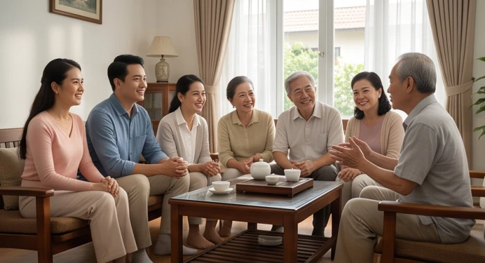 Gia đình nhiều thế hệ trò chuyện hòa thuận quanh bàn trà bên người cao tuổi sinh năm 1953