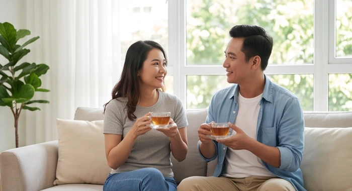 Khoảnh khắc trò chuyện ấm áp và thấu hiểu giữa đôi vợ chồng trong không gian phòng khách gia đình yên bình