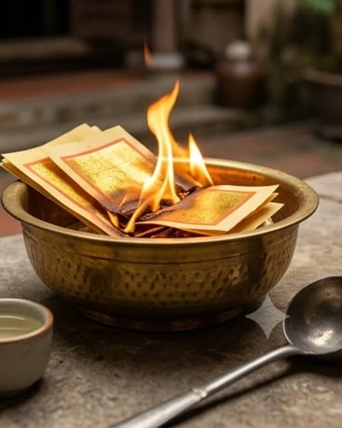 Ngọn lửa ấm áp bùng lên khi gia chủ thực hiện nghi thức hóa vàng mã và rắc rượu trắng để hoàn tất lễ cúng